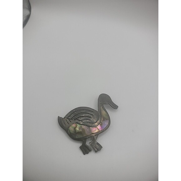 Vintage 925 Sterling Silver Brooch Pin Duck Abalone Shell Inlay Jewelry Fine - Picture 2 of 13